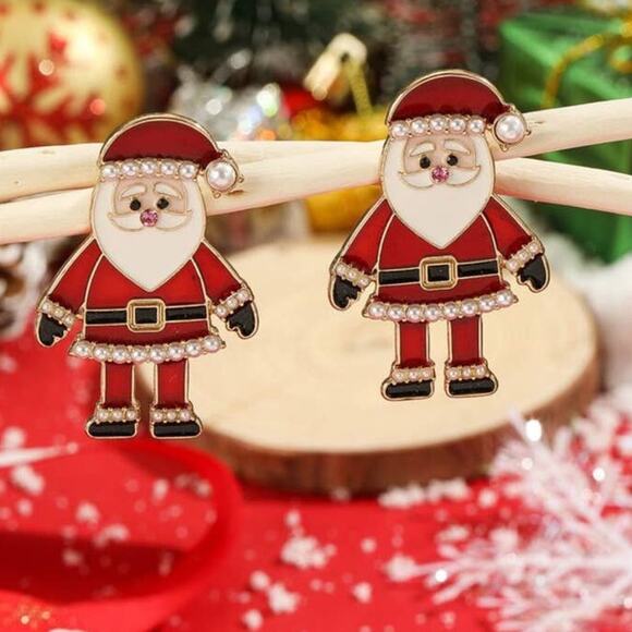 NEW Santa Claus Pearl Jeweled Enamel Stud Earrings Christmas Holiday - Picture 4 of 4
